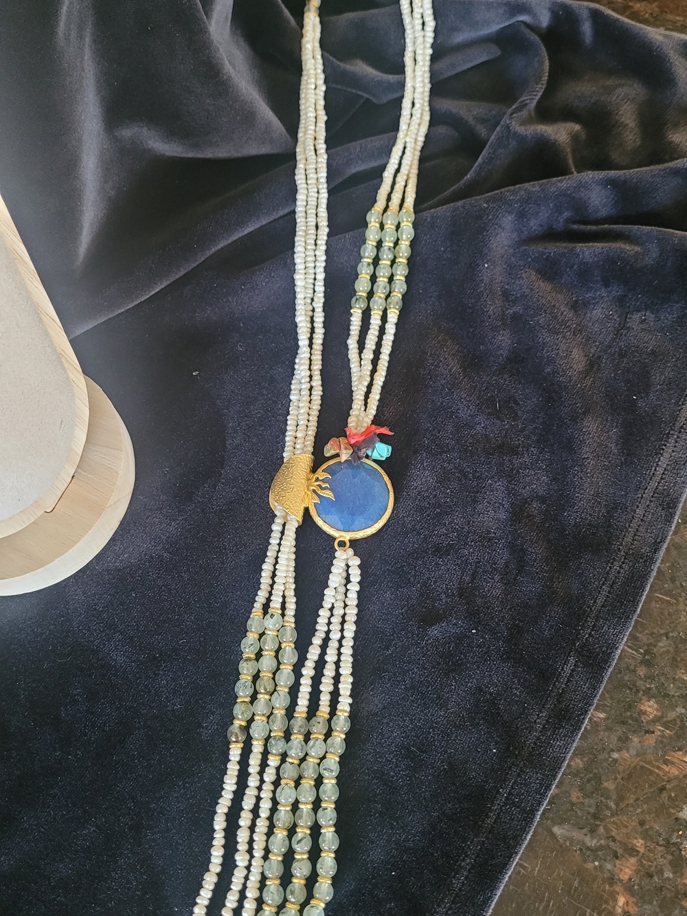 Blue Pendant Multi-Strand Beaded Necklace - White & Blue